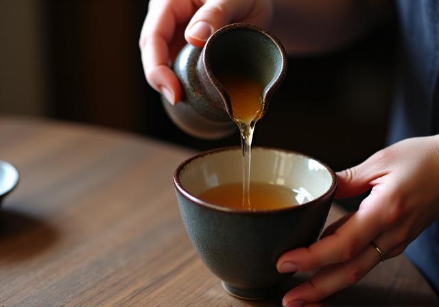 徳利からお猪口に日本酒を注ぐ様子